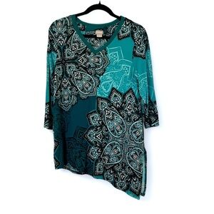 2/$30 Chico's 3/4 Sleeve Paisley Top blouse Asymmetrical Teal Blue SZ 0 = XS 4